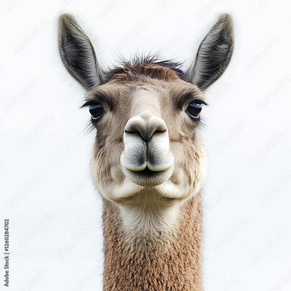 Fototapeta premium Llama portrait, farm animal close-up, white background, wildlife