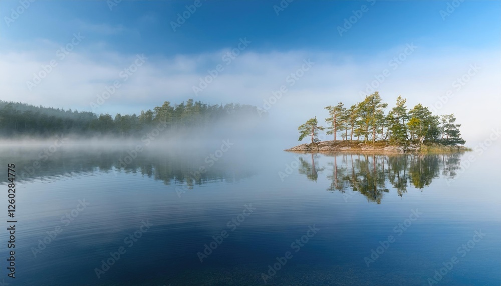 Serene misty island landscape with reflections on calm lake water Serene misty island landscape with reflections on calm lake water