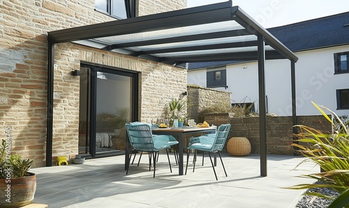 Patio dining set under modern pergola attached to stone house in residential area