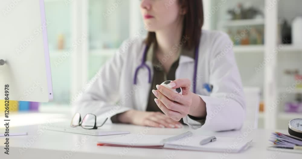 Doctor squishes small soccer ball in hand sitting at desk. Young medical specialist reduces stress with soft toy working in healthcare setting Doctor squishes small soccer ball in hand sitting at desk. Young medical specialist reduces stress with soft toy working in healthcare setting