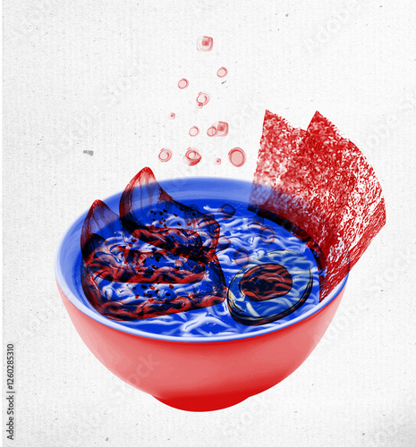 Ramen in red and blue color, featuring bowl of noodles, pieces of meat and kimchi, sheet of nori seaweed. Concept of Korean food, Asian traditions and culture, menu design. Minimalistic illustration