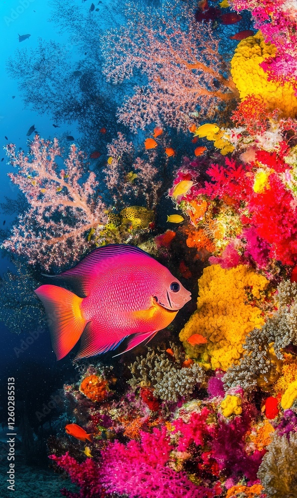 Obraz premium Pink fish swims by vibrant coral reef in tropical ocean