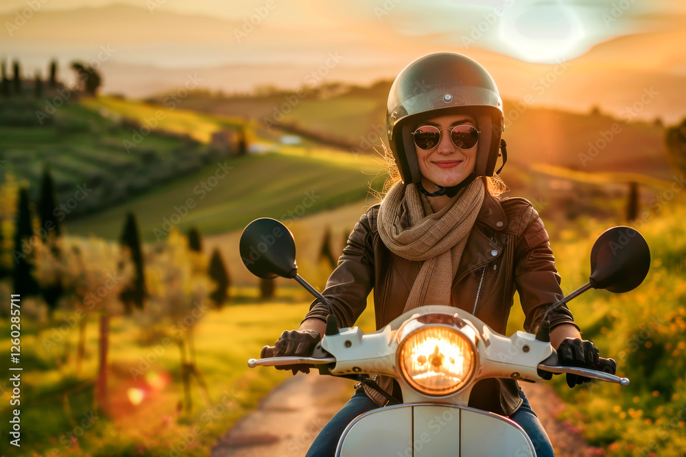 Hübsche Italienerin fährt mit einem Motorroller durch die Landschaft in der Toskana, Generative AI