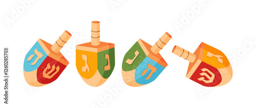 Hanukkah dreidels Hand drawn trendy flat style isolated icon. Traditional Jewish holiday wooden toy with symbolic letters on four sides, spinning game. Vector illustration