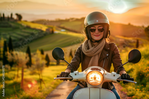 Obraz na płótnie Hübsche Italienerin fährt mit einem Motorroller durch die Landschaft in der Toskana, Generative AI w salonie