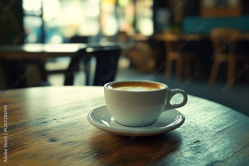 Cup of coffee with latte art sitting on a table in a cafe Cup of coffee with latte art sitting on a table in a cafe