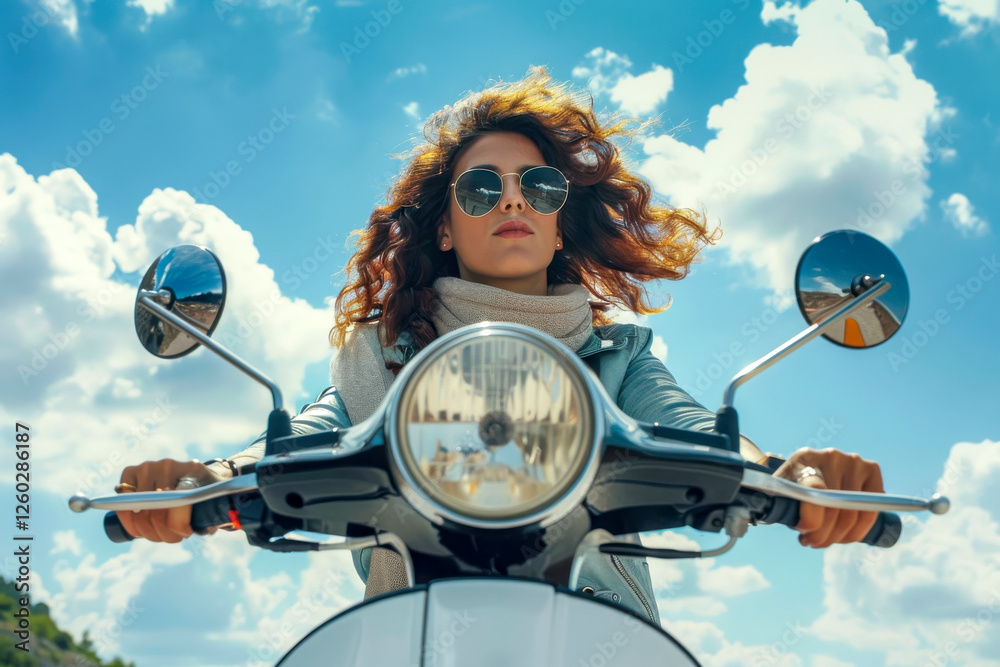 Hübsche Italienerin fährt mit einem Motorroller an einem sonnigen Tag durch die Gegend, Generative AI