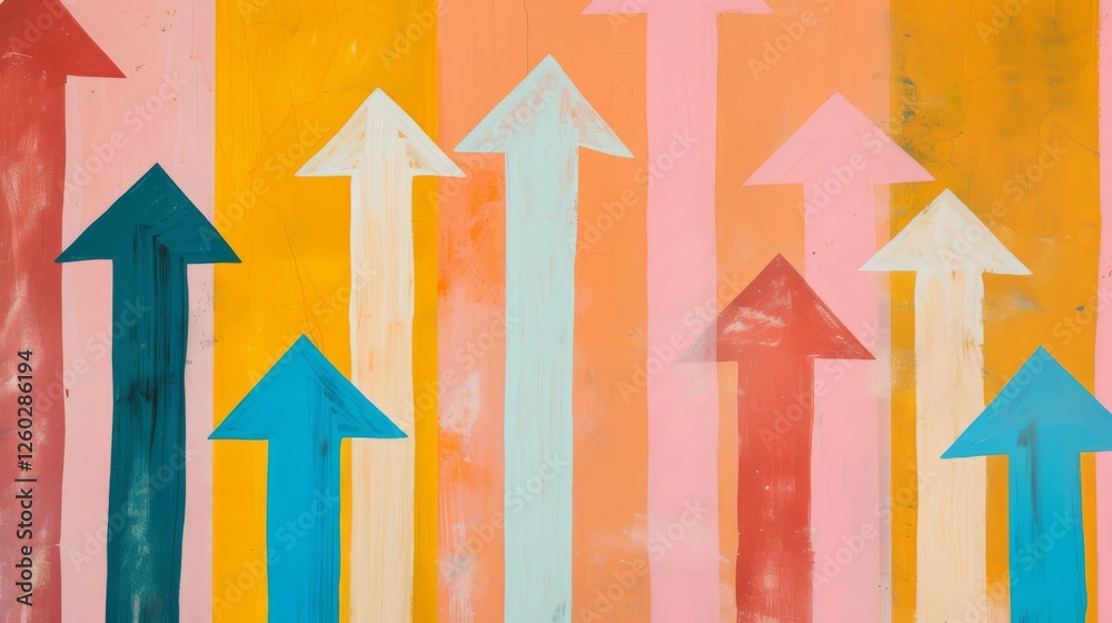 A collection of arrows in pastel shades of blue, pink, and yellow arranged vertically on a soft background, representing growth and creativity. AI generated.