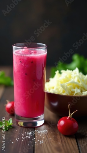 Wallpaper Mural Glass of sauerkraut juice, bowl of shredded cabbage, white background, food photography, probiotic Torontodigital.ca