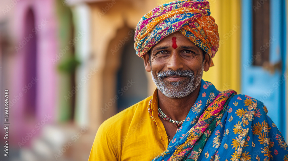 Potrait eines Inders mit Bart in traditioneller Kleidung, Rajasthan, Indien, Generative AI