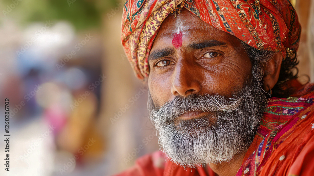 Potrait eines Inders mit Bart in traditioneller Kleidung, Rajasthan, Indien, Generative AI