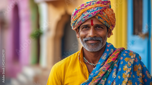 Obraz na płótnie Potrait eines Inders mit Bart in traditioneller Kleidung, Rajasthan, Indien, Generative AI w salonie