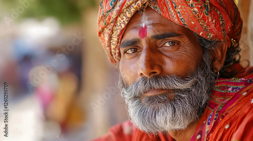 Obraz na płótnie Potrait eines Inders mit Bart in traditioneller Kleidung, Rajasthan, Indien, Generative AI w salonie