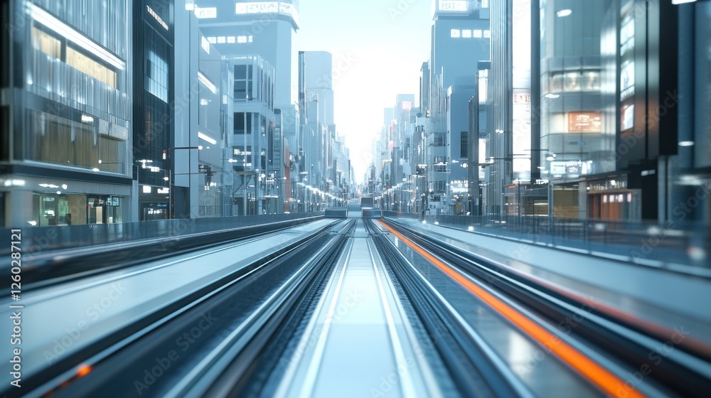 Fototapeta premium Futuristic Cityscape: A Train's-Eye View of Modern Urban Life