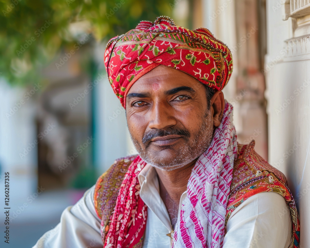 Potrait eines Inders mit Bart in traditioneller Kleidung, Rajasthan, Indien, Generative AI