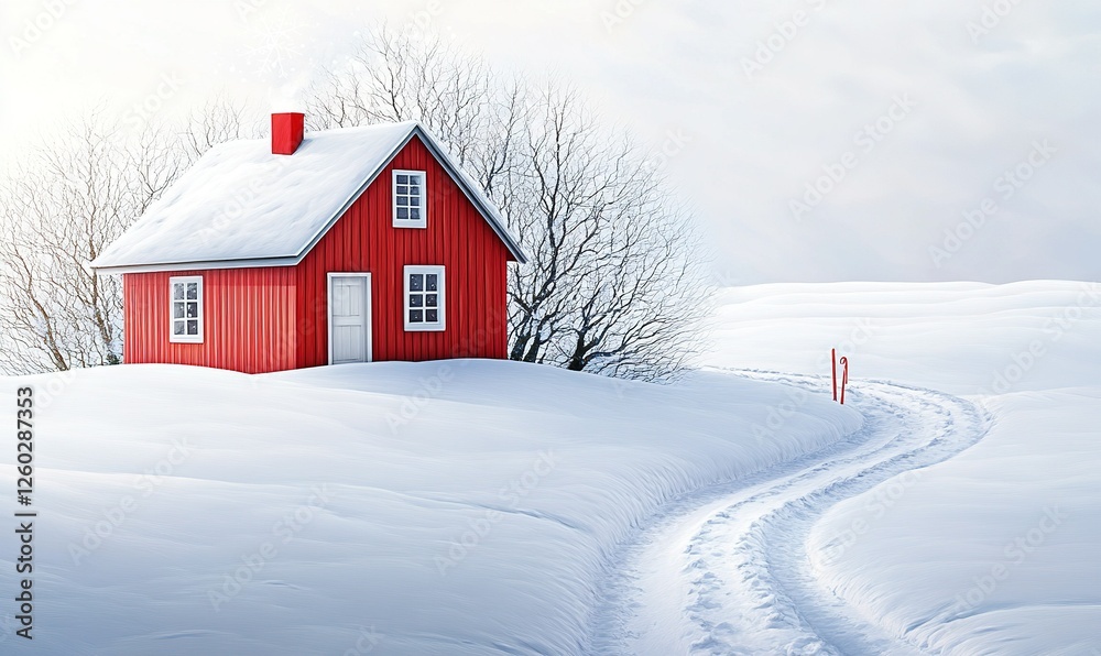 Red cabin in snowy landscape with ski tracks, ideal for winter vacation rentals Red cabin in snowy landscape with ski tracks, ideal for winter vacation rentals