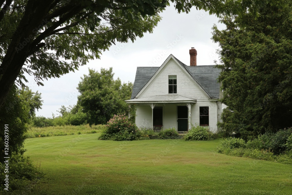 Quaint white farmhouse on a grassy lawn