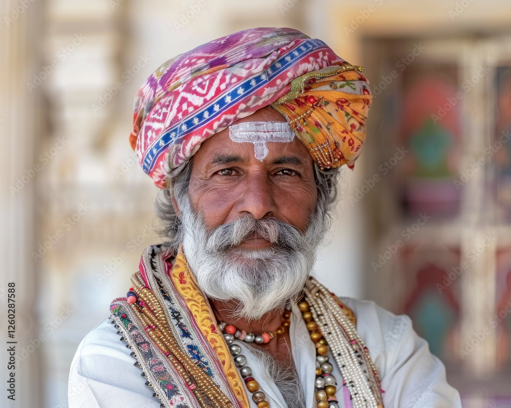 Potrait eines Inders mit Bart in traditioneller Kleidung, Rajasthan, Indien, Generative AI