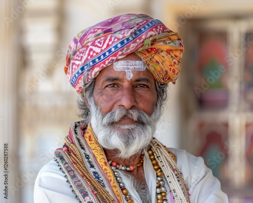 Obraz na płótnie Potrait eines Inders mit Bart in traditioneller Kleidung, Rajasthan, Indien, Generative AI w salonie