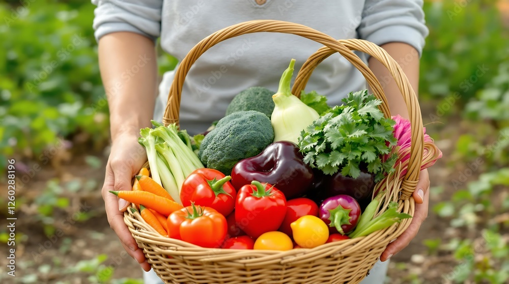Fototapeta premium Hand Holding Basket of Fresh Organic Vegetables in a Garden, generator AI