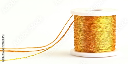 Gold colored spool of thread is on a white background