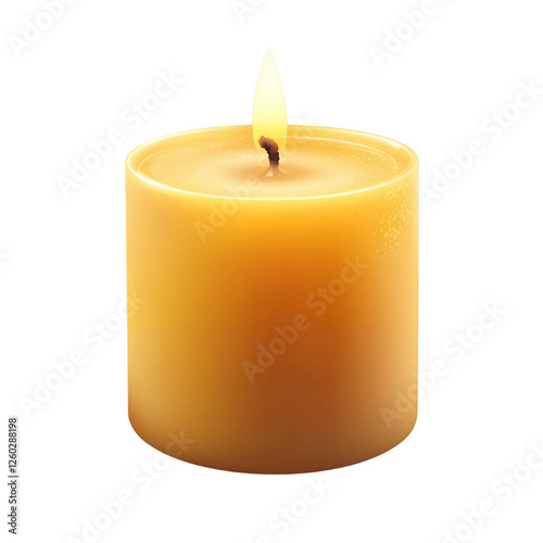 Lit yellow candle burning wax cylindrical shape isolated transparent background romantic spiritual photo