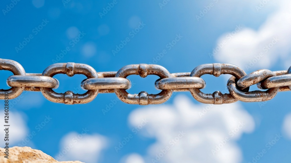 Obraz premium a close up of a metal chain on top of a rock, with a blue sky and white clouds in the background