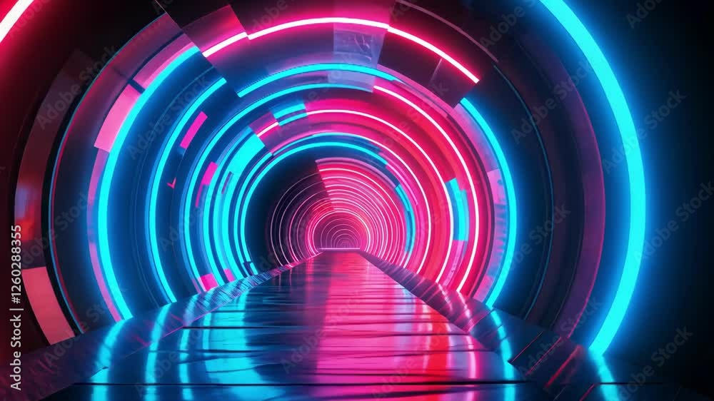Futuristic tunnel with vibrant neon lights and dynamic perspective