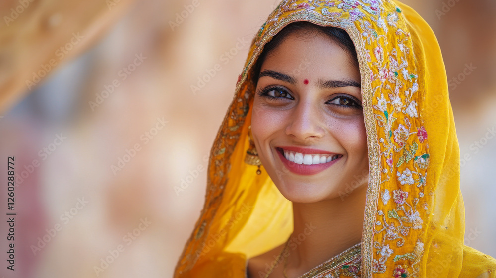 Potrait einer jungen schönen Inderin in traditioneller Kleidung, Rajasthan, Indien, Generative AI