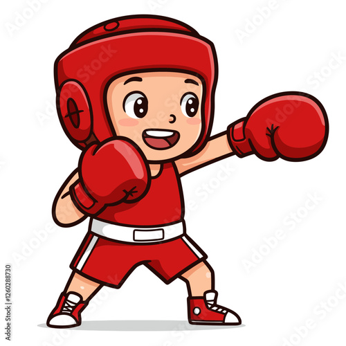 Boy Boxer Cartoon Character with Gloves and Headgear Training Sport