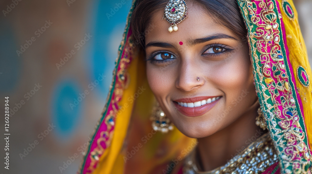 Potrait einer jungen schönen Inderin in traditioneller Kleidung, Rajasthan, Indien, Generative AI