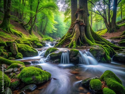 Dark mountain forest photography reveals a spring stream's waterfall, now jeopardized by climate change's warming effects. photo