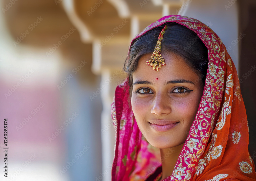Potrait einer jungen schönen Inderin in traditioneller Kleidung, Rajasthan, Indien, Generative AI