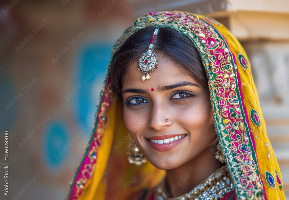 Potrait einer jungen schönen Inderin in traditioneller Kleidung, Rajasthan, Indien, Generative AI