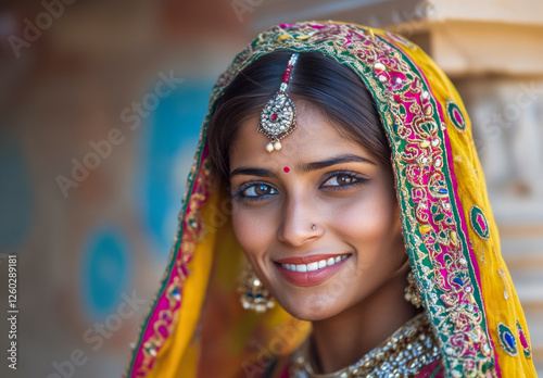 Obraz na płótnie Potrait einer jungen schönen Inderin in traditioneller Kleidung, Rajasthan, Indien, Generative AI w salonie