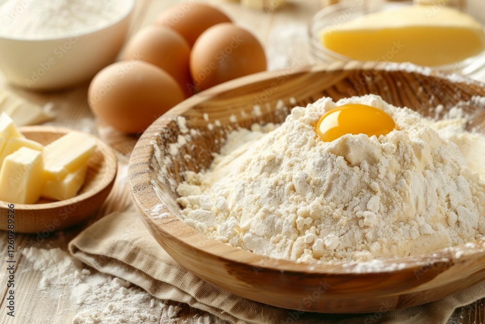 Egg and flour on plate for baking preparation. AI image Egg and flour on plate for baking preparation. AI image