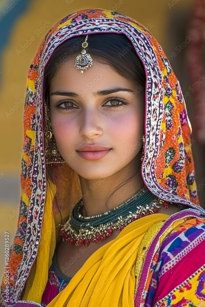 Potrait einer jungen schönen Inderin in traditioneller Kleidung, Rajasthan, Indien, Generative AI