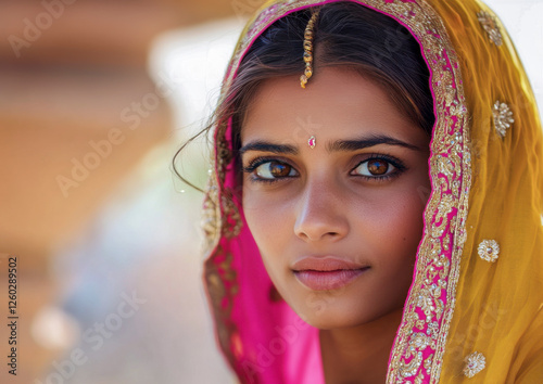 Potrait einer jungen schönen Inderin in traditioneller Kleidung, Rajasthan, Indien, Generative AI