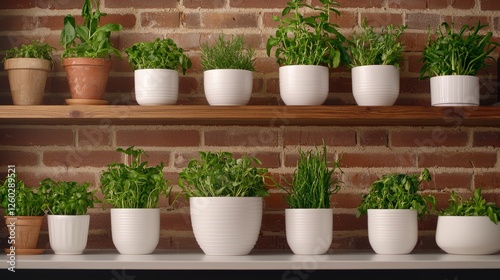 Wallpaper Mural A vibrant display of fresh herbs in white pots against a rustic brick wall creates a charming kitchen atmosphere. Torontodigital.ca