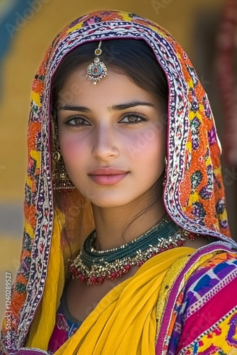 Obraz na płótnie Potrait einer jungen schönen Inderin in traditioneller Kleidung, Rajasthan, Indien, Generative AI w salonie