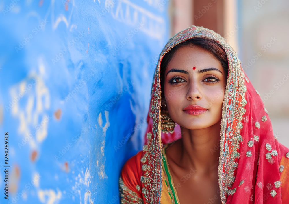 Potrait einer jungen schönen Inderin in traditioneller Kleidung, Rajasthan, Indien, Generative AI