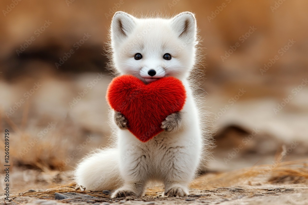 Arctic fox - my desired animal. Cute arctic fox baby with fluffy red heart on in a natural habitat. Ad animal creative. Heartwarming animal affection. Cute animal love story. Wild love. Arctic fox - my desired animal. Cute arctic fox baby with fluffy red heart on in a natural habitat. Ad animal creative. Heartwarming animal affection. Cute animal love story. Wild love.