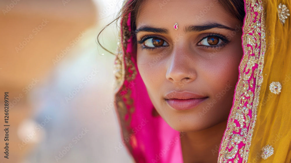 Potrait einer jungen schönen Inderin in traditioneller Kleidung, Rajasthan, Indien, Generative AI