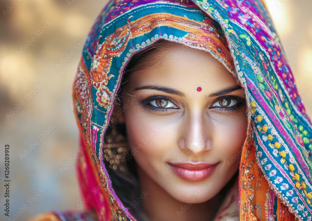 Potrait einer jungen schönen Inderin in traditioneller Kleidung, Rajasthan, Indien, Generative AI