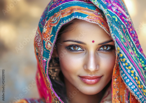 Obraz na płótnie Potrait einer jungen schönen Inderin in traditioneller Kleidung, Rajasthan, Indien, Generative AI w salonie