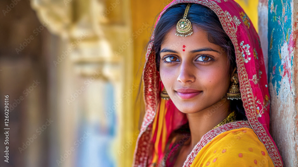 Potrait einer jungen schönen Inderin in traditioneller Kleidung, Rajasthan, Indien, Generative AI