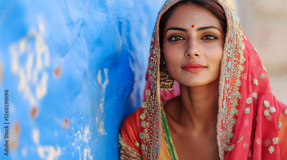 Potrait einer jungen schönen Inderin in traditioneller Kleidung, Rajasthan, Indien, Generative AI
