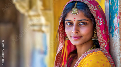 Obraz na płótnie Potrait einer jungen schönen Inderin in traditioneller Kleidung, Rajasthan, Indien, Generative AI w salonie