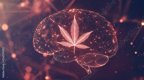 Brain silhouette with neural connections and glowing cannabis leaf, symbolizing health research and neuroscience exploration