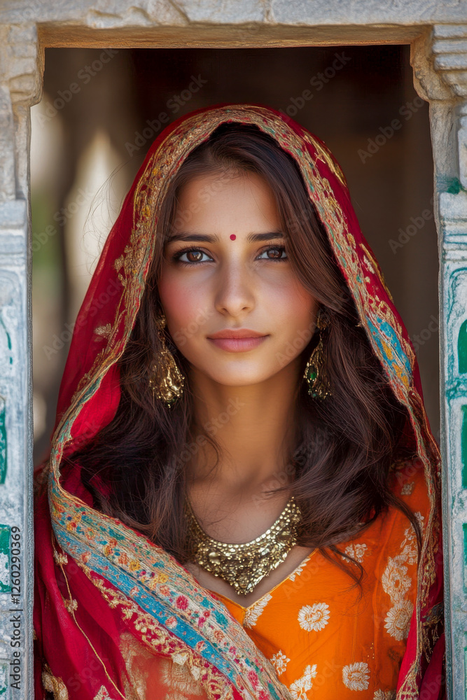 Potrait einer jungen schönen Inderin in traditioneller Kleidung, Rajasthan, Indien, Generative AI